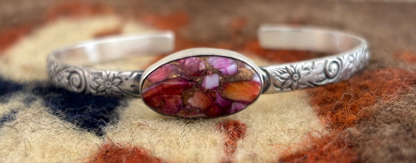 Pink Dahlia Spiny Oyster and Sterling Silver Cuff
